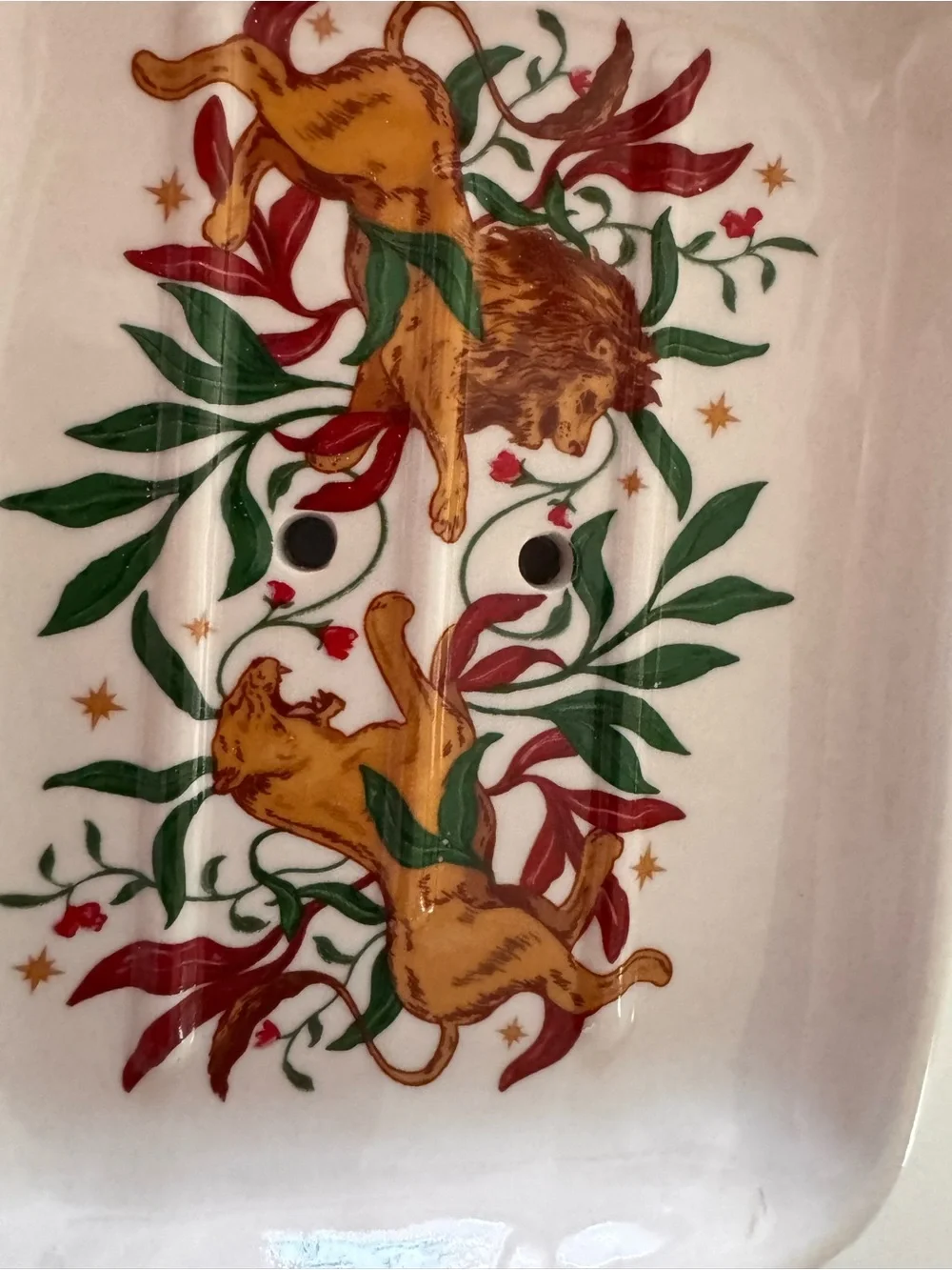 Ceramic Soap Dish with Gold Lion and Green Foliage Accent